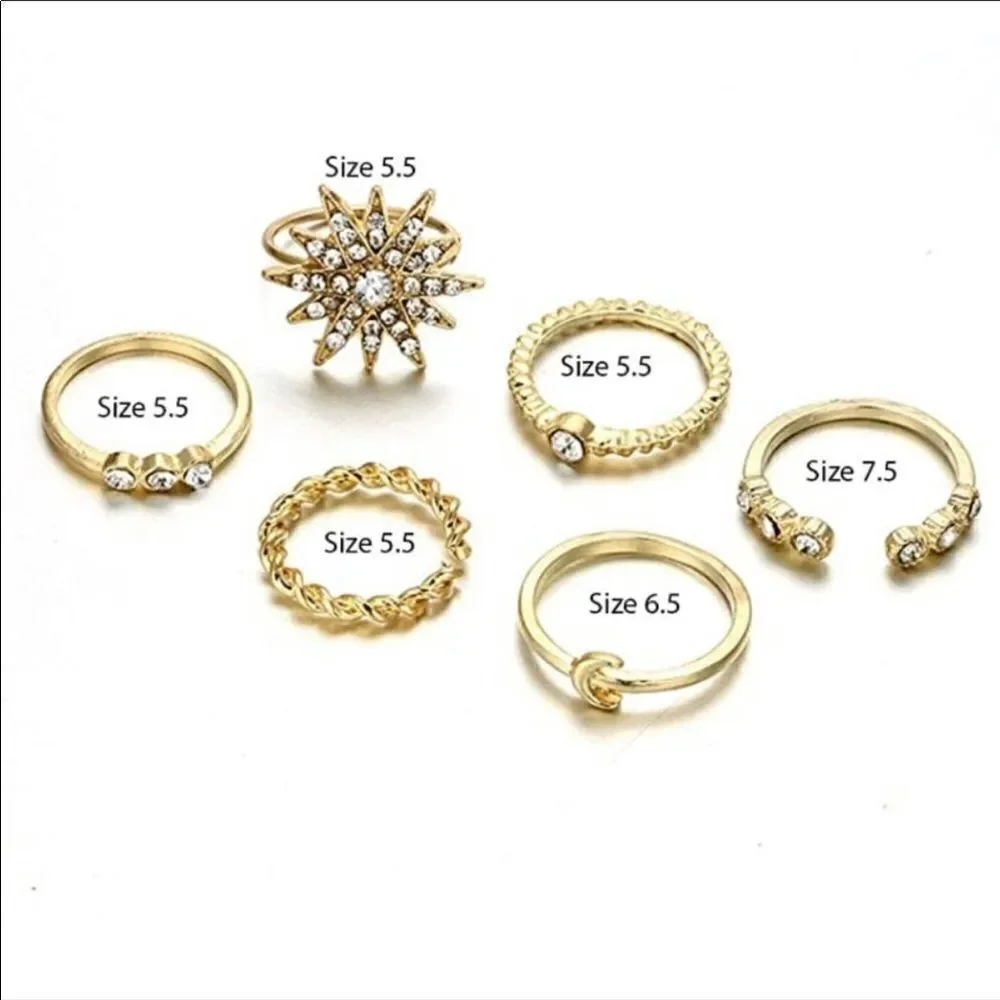 6 Piece Gold Rhinestone Boho Stackable Ring
